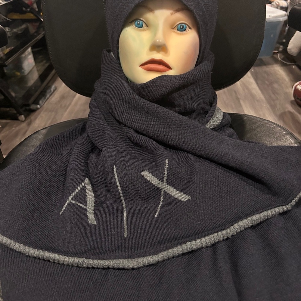 A/X Armani Exchange Navy and Gray Hat and Scarf Set